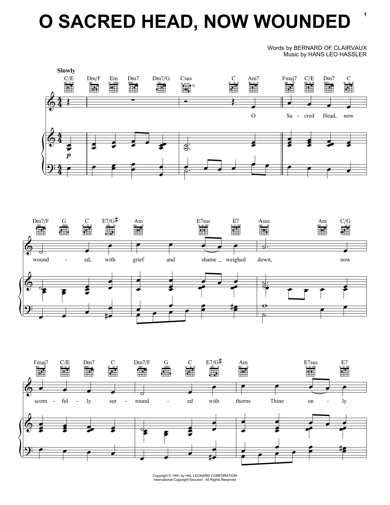 Hans Leo Hassler O Sacred Head, Now Wounded sheet music notes and chords arranged for Piano, Vocal & Guitar Chords (Right-Hand Melody)