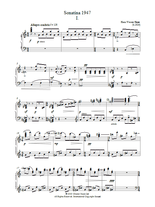 Learn to play Hans Werner Henze Sonatina 1947 sheet music for Piano Solo in minutes. Price: 7.8900$ Hans Werner Henze Sonatina 1947 sheet music notes and chords arranged for Piano Solo