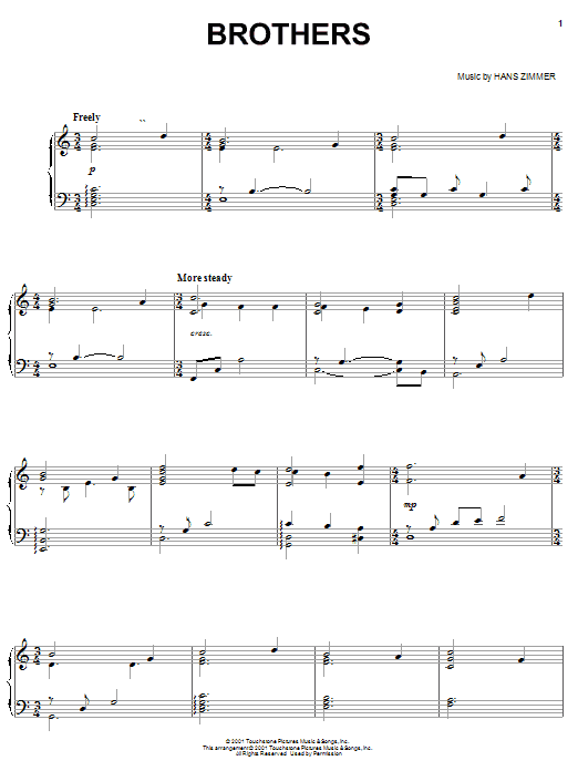 Hans Zimmer Brothers (from Pearl Harbor) sheet music notes and chords arranged for Piano Solo