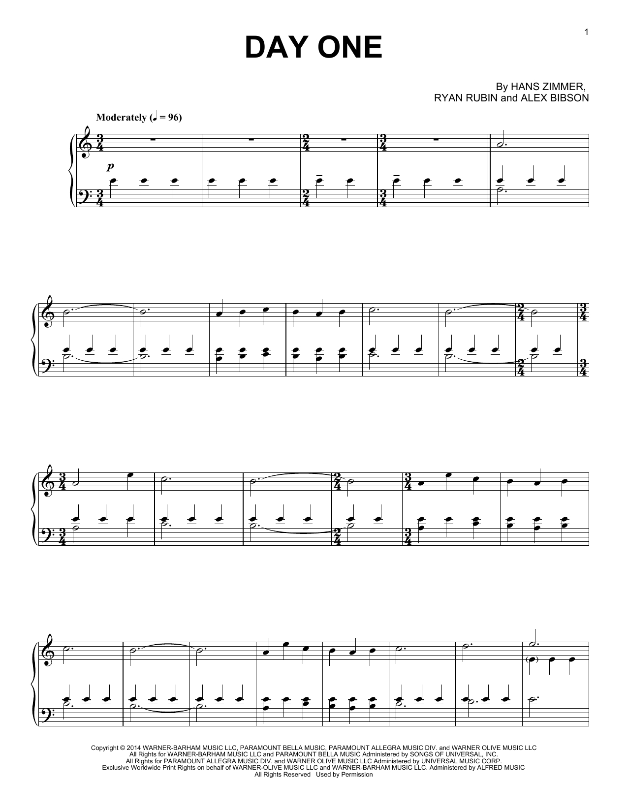 Hans Zimmer Day One (from Interstellar) sheet music notes and chords. Download Printable PDF.