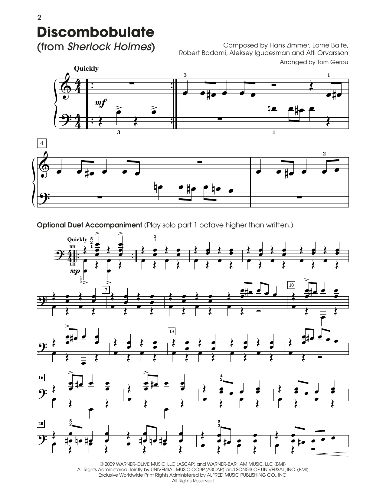 Hans Zimmer Discombobulate (Theme from Sherlock Holmes) (arr. Tom Gerou) sheet music notes and chords. Download Printable PDF.