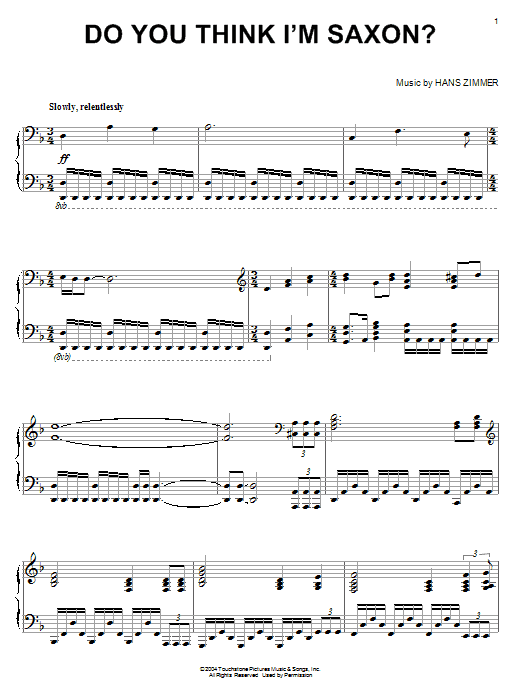 Hans Zimmer Do You Think I'm Saxon? (from King Arthur) sheet music notes and chords arranged for Piano Solo