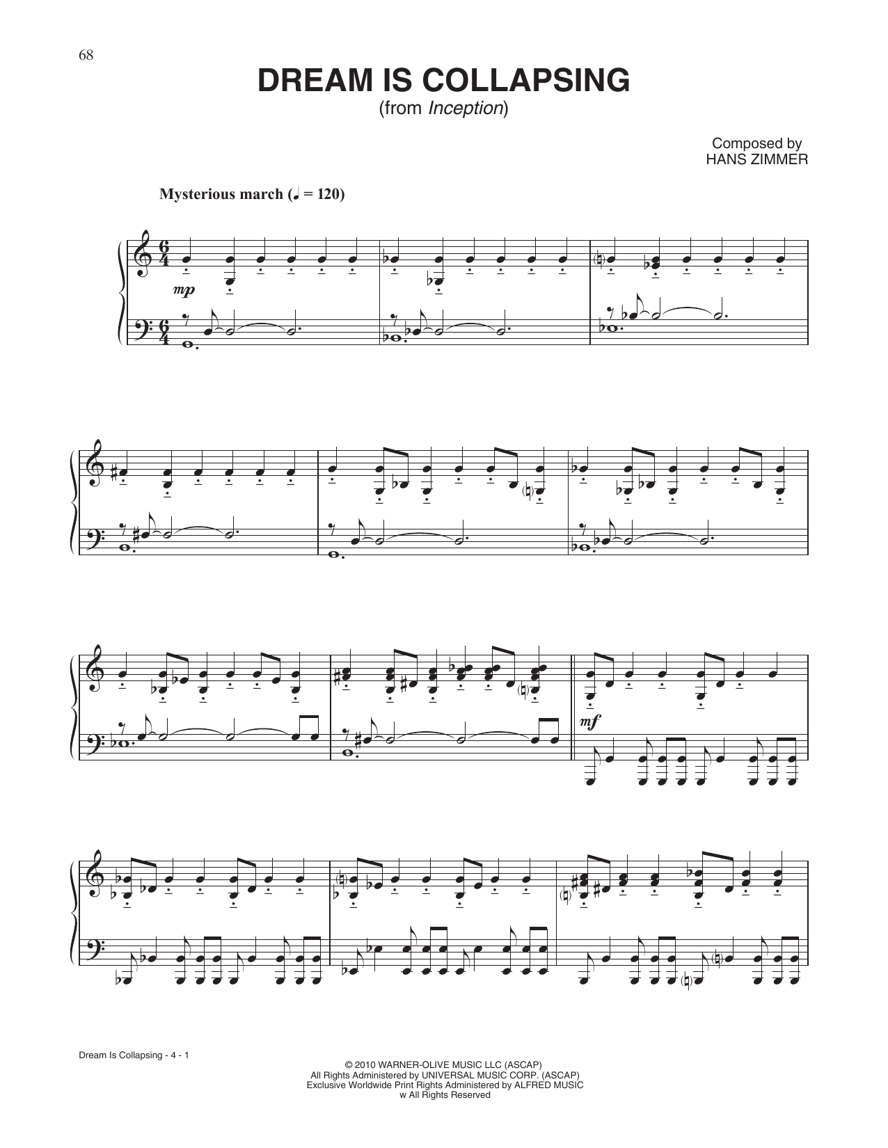 Hans Zimmer Dream Is Collapsing (from Inception) sheet music notes and chords. Download Printable PDF.