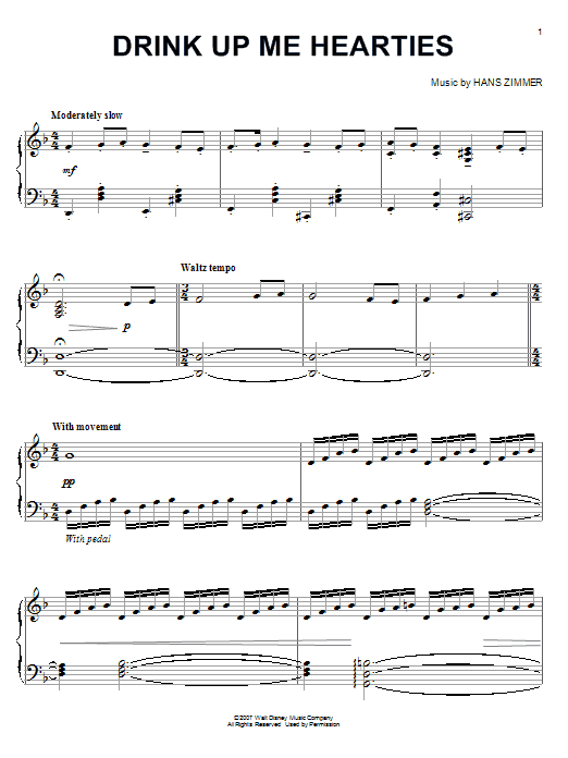 Hans Zimmer Drink Up Me Hearties (from Pirates Of The Caribbean: At World's End) sheet music notes and chords. Download Printable PDF.