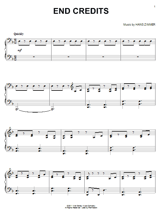 Hans Zimmer End Credits sheet music notes and chords. Download Printable PDF.