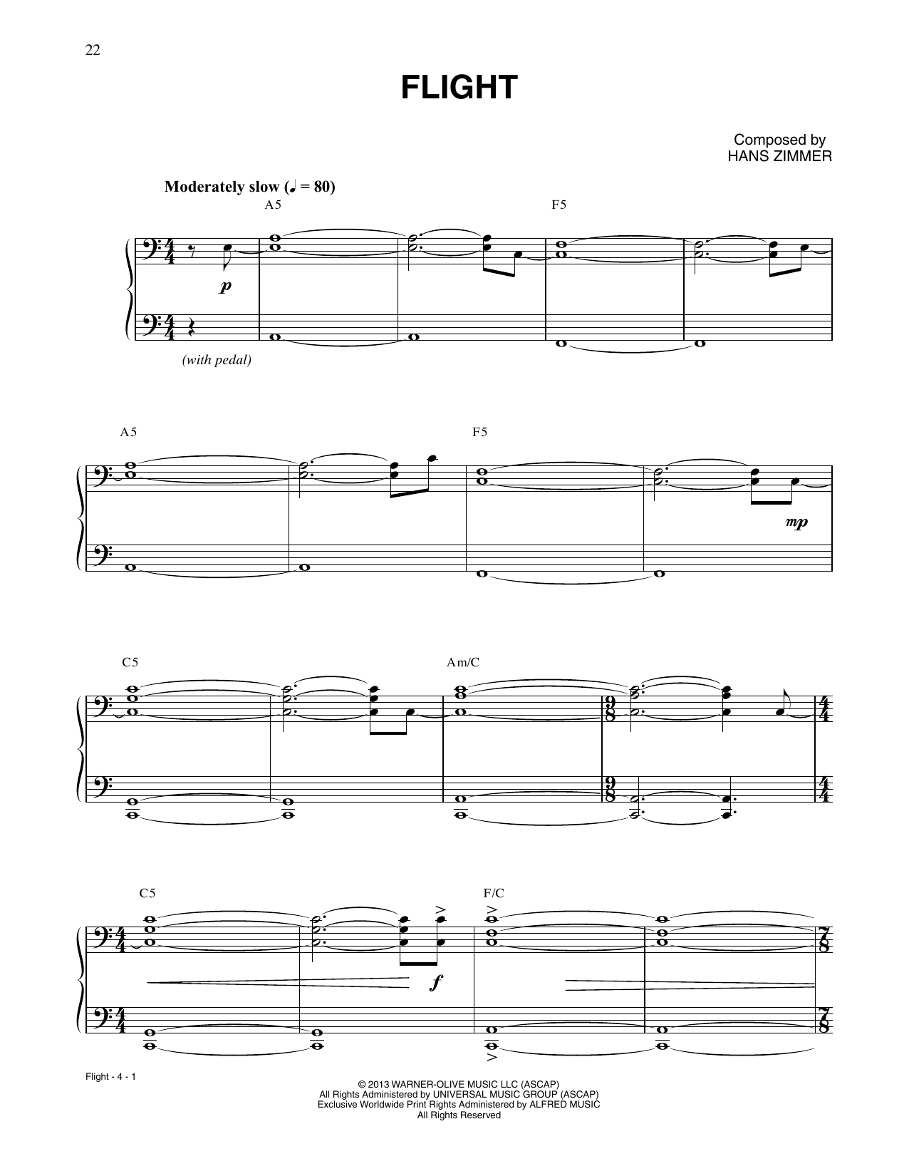 Hans Zimmer Flight (from Man Of Steel) sheet music notes and chords arranged for Piano Solo