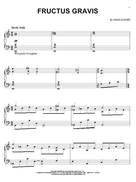 Hans Zimmer Fructus Gravis (from The Da Vinci Code) sheet music notes and chords arranged for Piano Solo