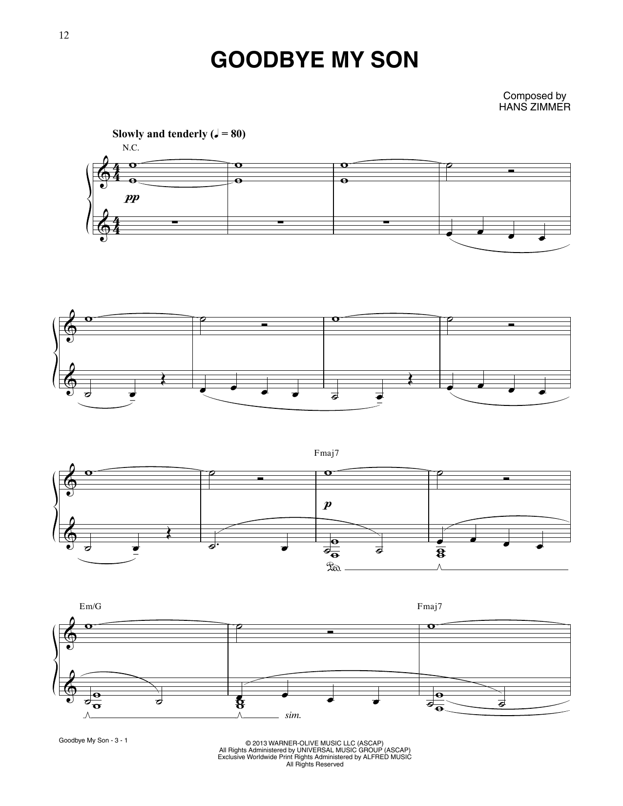 Hans Zimmer Goodbye My Son (from Man Of Steel) sheet music notes and chords arranged for Piano Solo