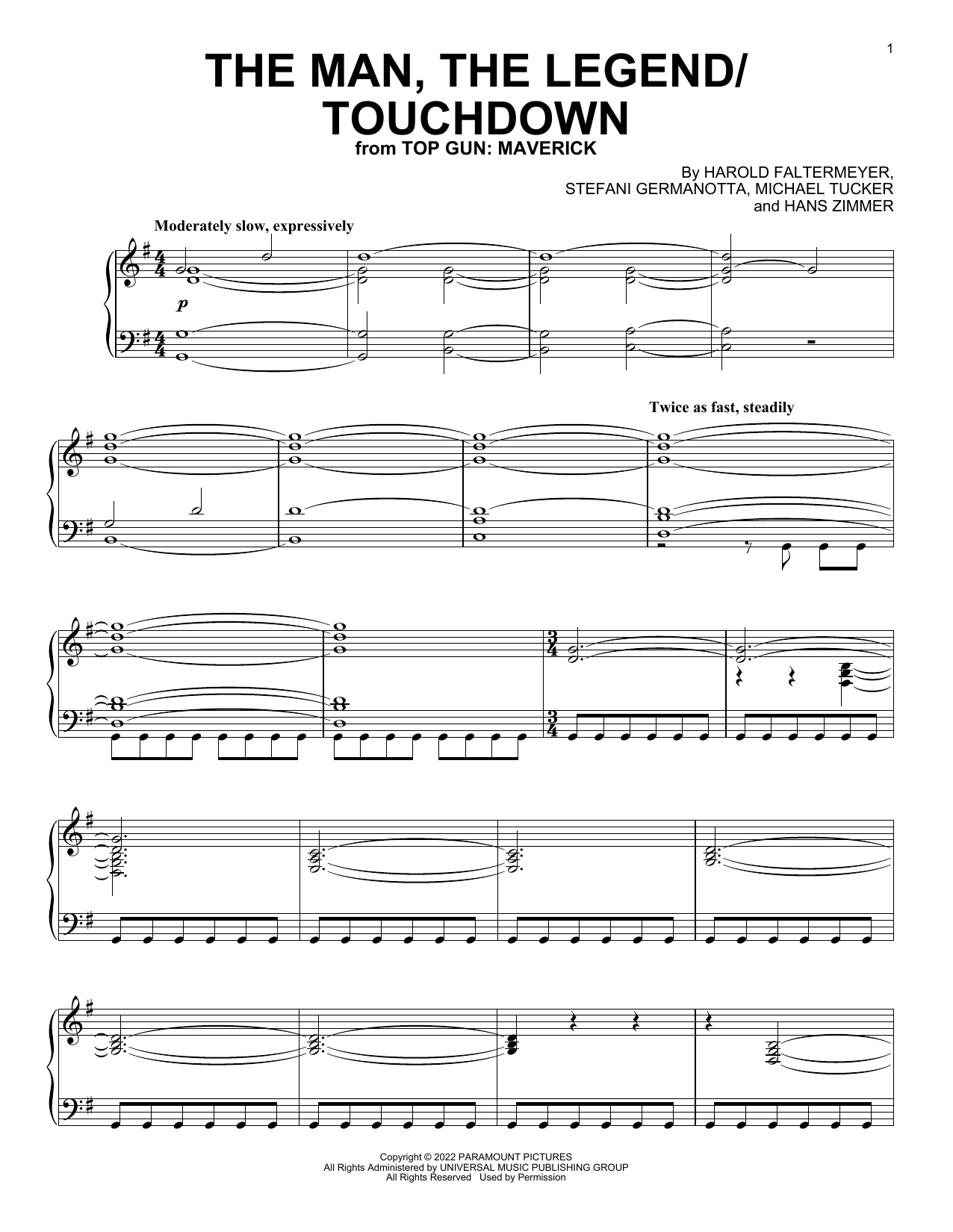 Hans Zimmer, Harold Faltermeyer, Lady Gaga & Lorne Balfe The Man, The Legend / Touchdown (from Top Gun: Maverick) sheet music notes and chords. Download Printable PDF.