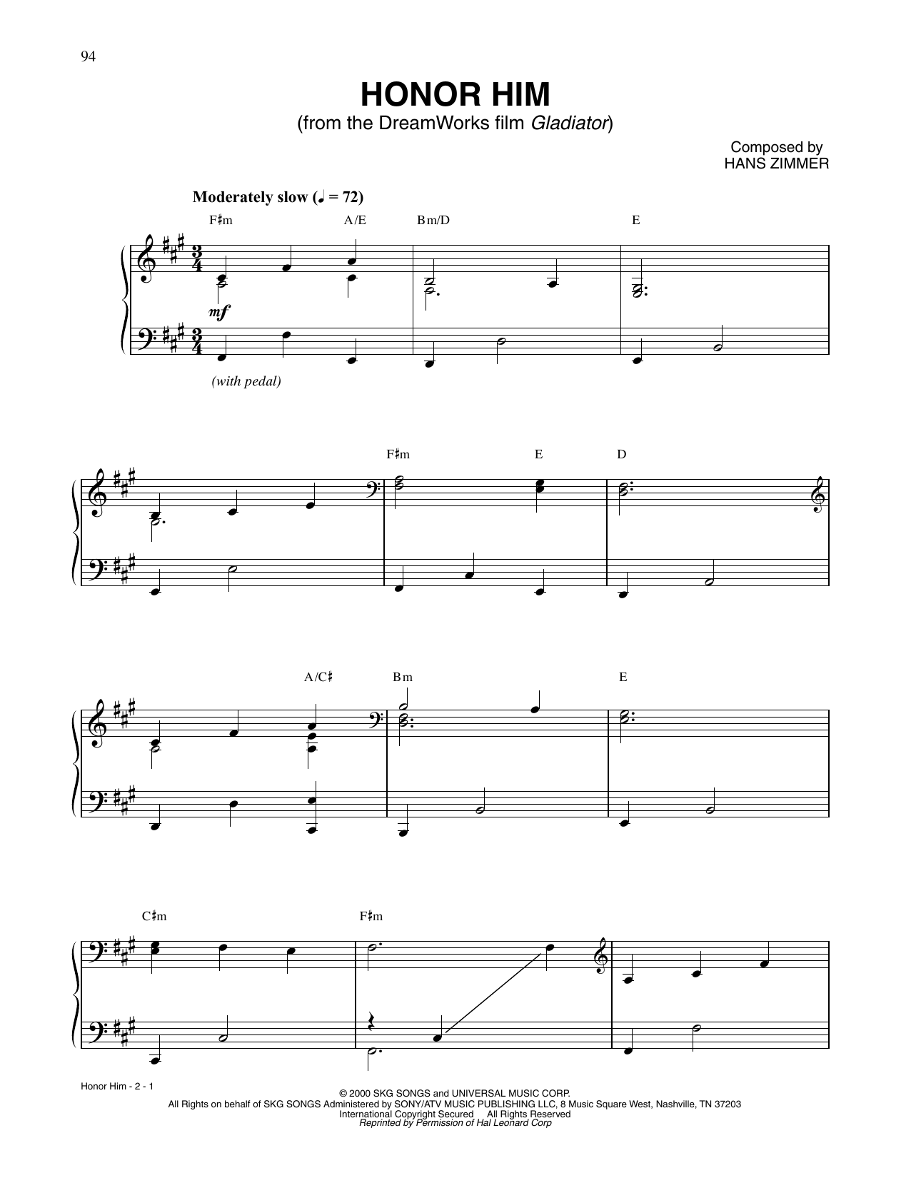 Hans Zimmer Honor Him (from Gladiator) sheet music notes and chords. Download Printable PDF.