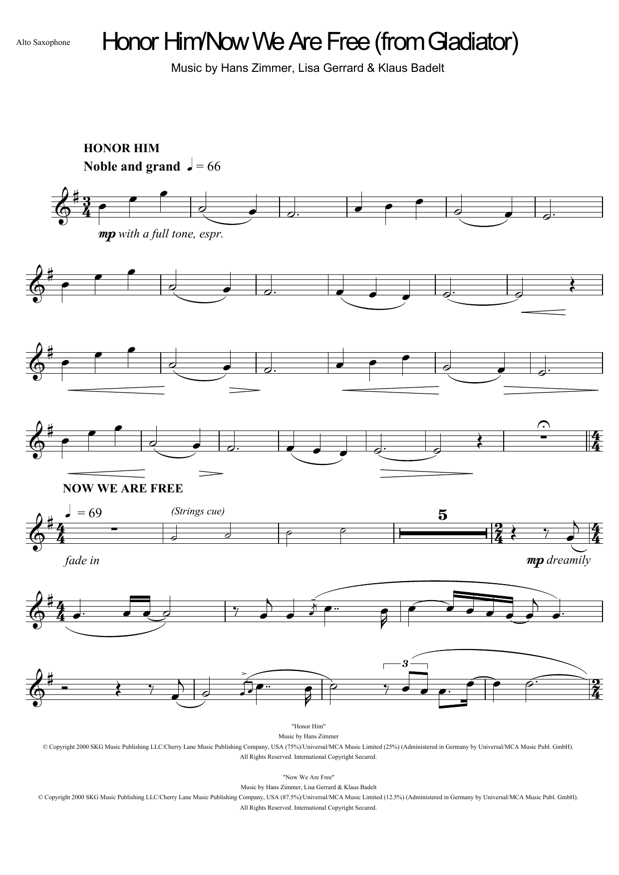 Hans Zimmer Honor Him/Now We Are Free (from Gladiator) sheet music notes and chords. Download Printable PDF.