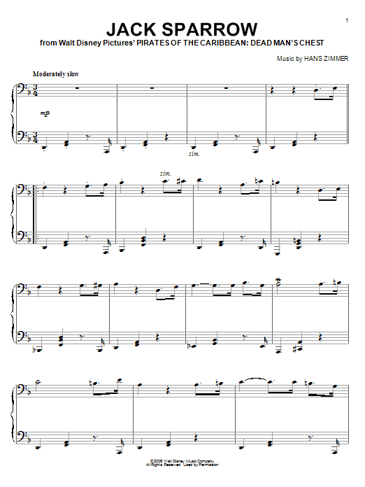 Hans Zimmer Jack Sparrow (from Pirates Of The Caribbean: Dead Man's Chest) sheet music notes and chords. Download Printable PDF.