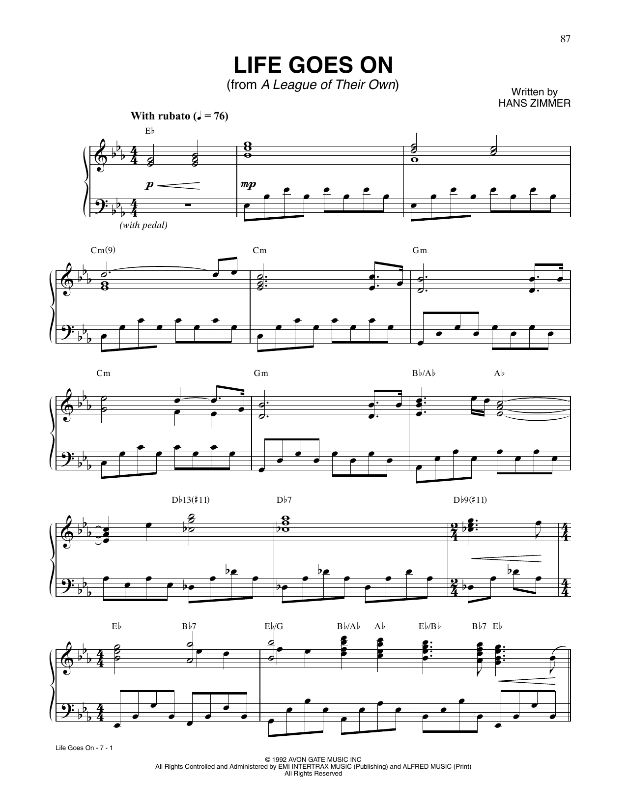 Hans Zimmer Life Goes On (from A League Of Their Own) sheet music notes and chords. Download Printable PDF.