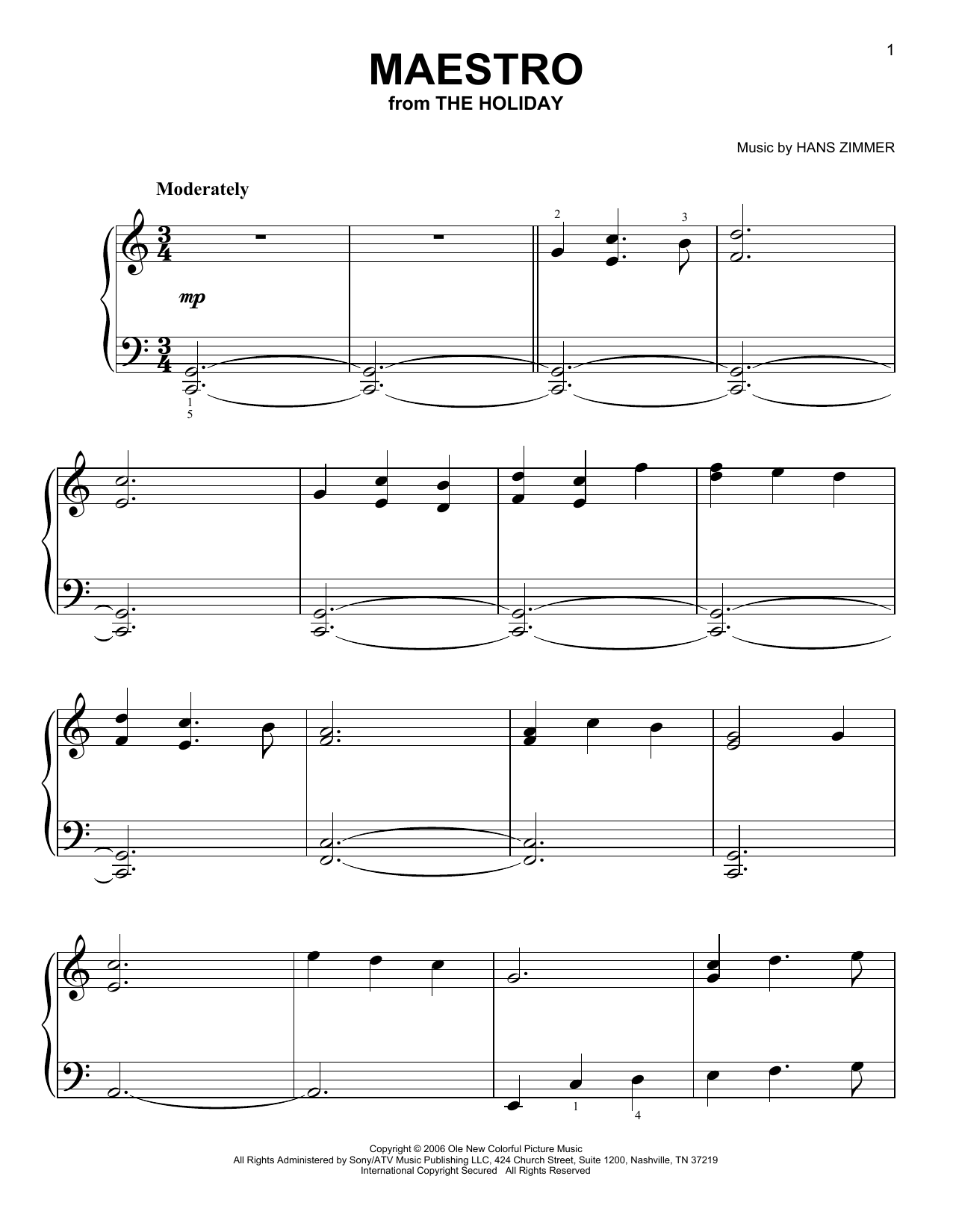 Hans Zimmer Maestro (from The Holiday) sheet music notes and chords. Download Printable PDF.