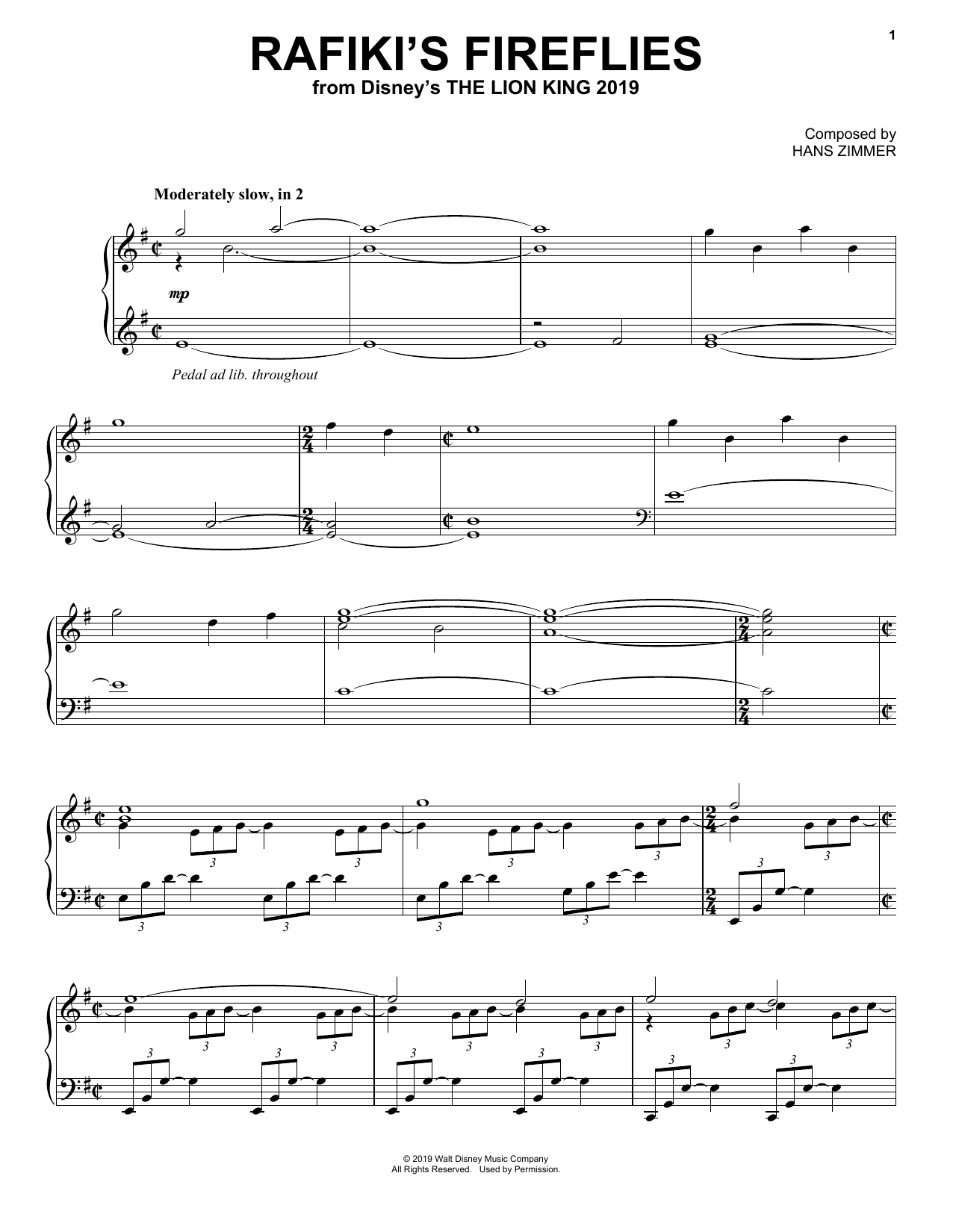 Hans Zimmer Rafiki's Fireflies (from The Lion King 2019) sheet music notes and chords arranged for Easy Piano