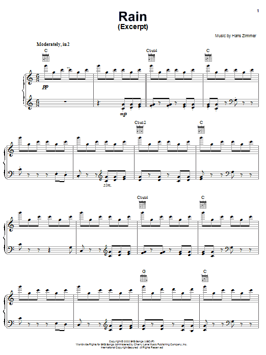 Hans Zimmer Rain (from Spirit: Stallion Of The Cimarron) sheet music notes and chords arranged for Piano, Vocal & Guitar Chords (Right-Hand Melody)