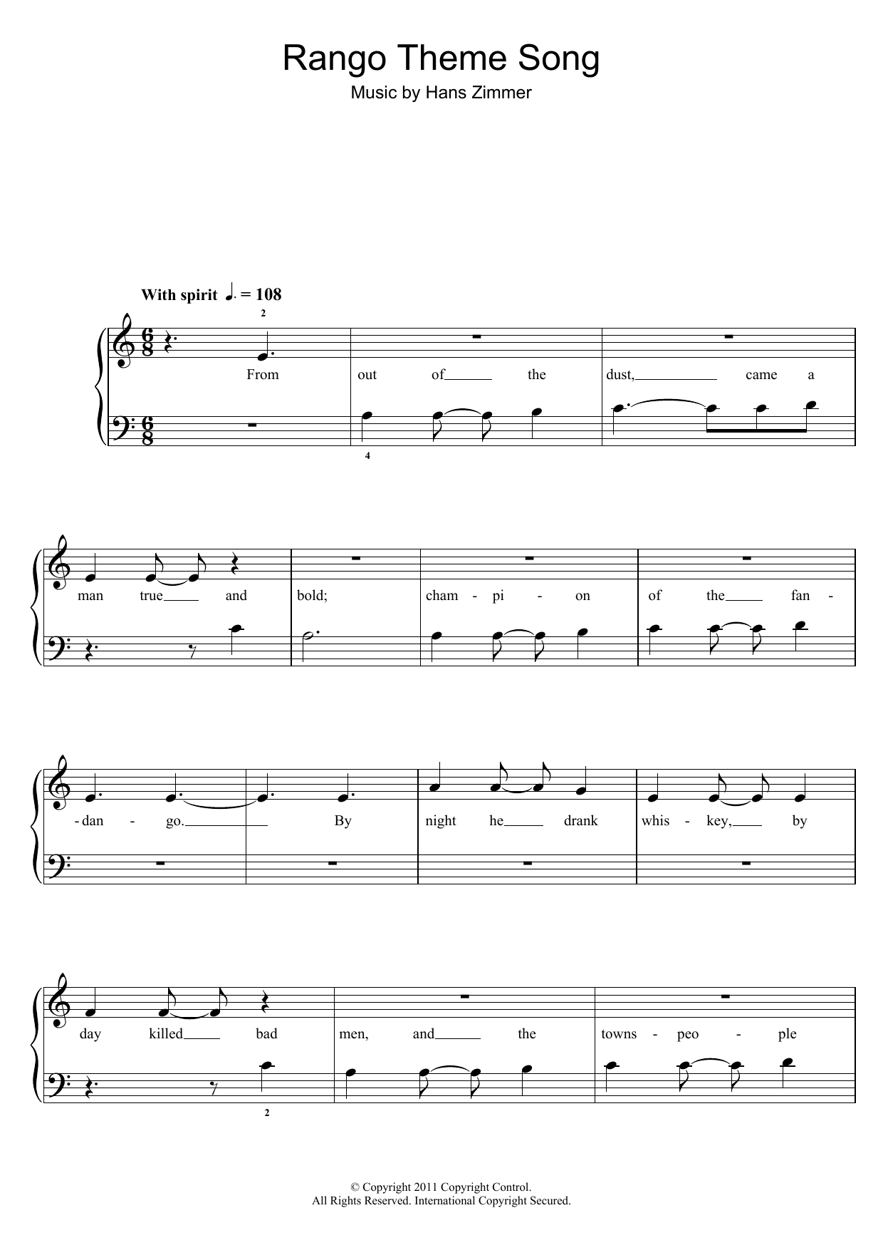 Hans Zimmer Rango Theme Song sheet music notes and chords. Download Printable PDF.