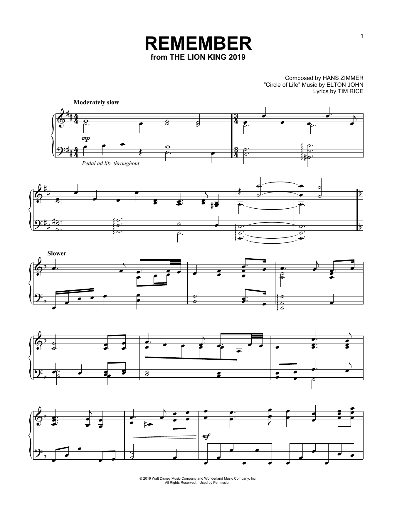 Hans Zimmer Remember (from The Lion King 2019) sheet music notes and chords. Download Printable PDF.