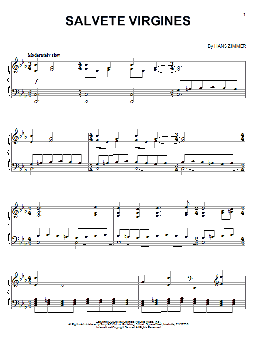 Hans Zimmer Salvete Virgines (from The Da Vinci Code) sheet music notes and chords arranged for Piano Solo