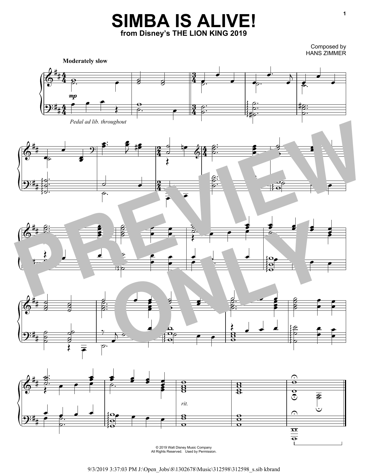 Hans Zimmer Simba Is Alive! (from The Lion King 2019) sheet music notes and chords arranged for Piano Solo