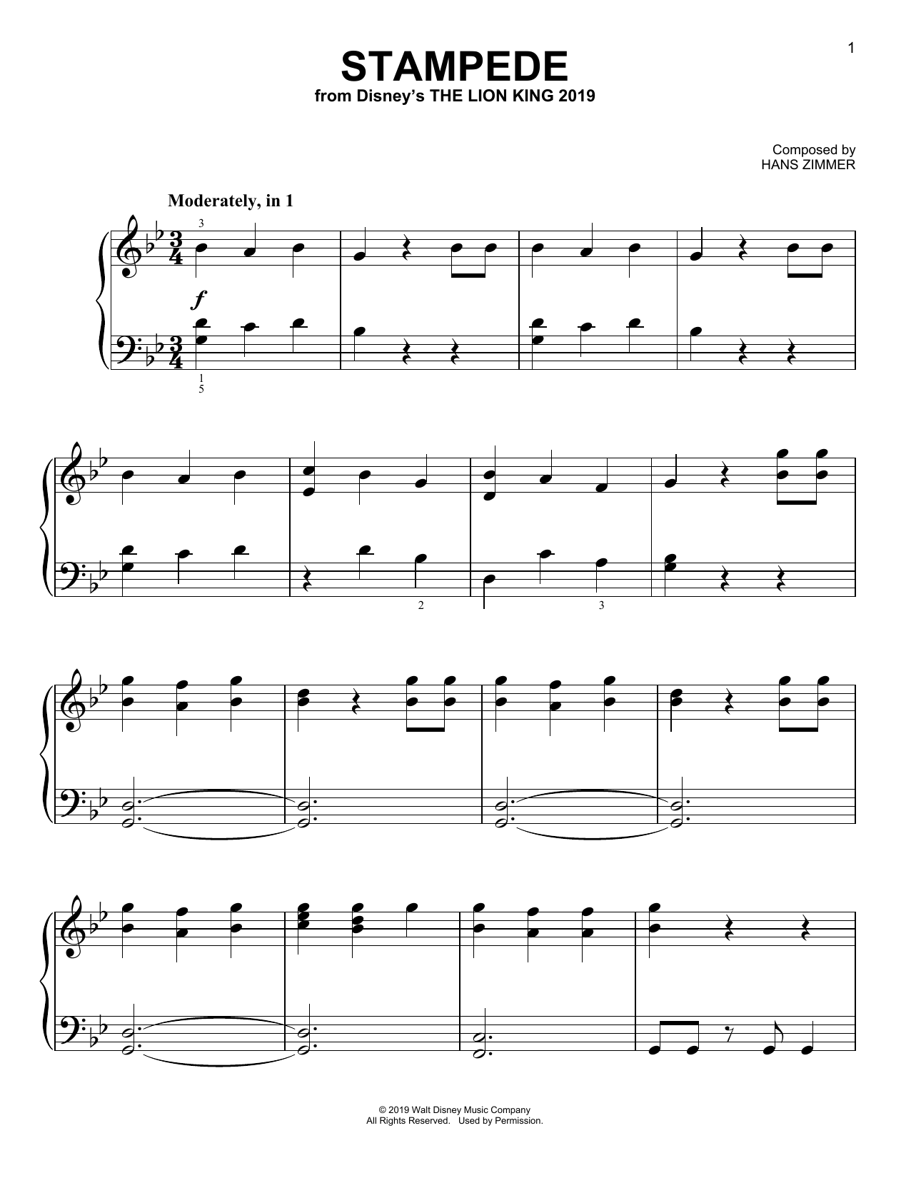 Hans Zimmer Stampede (from The Lion King 2019) sheet music notes and chords. Download Printable PDF.