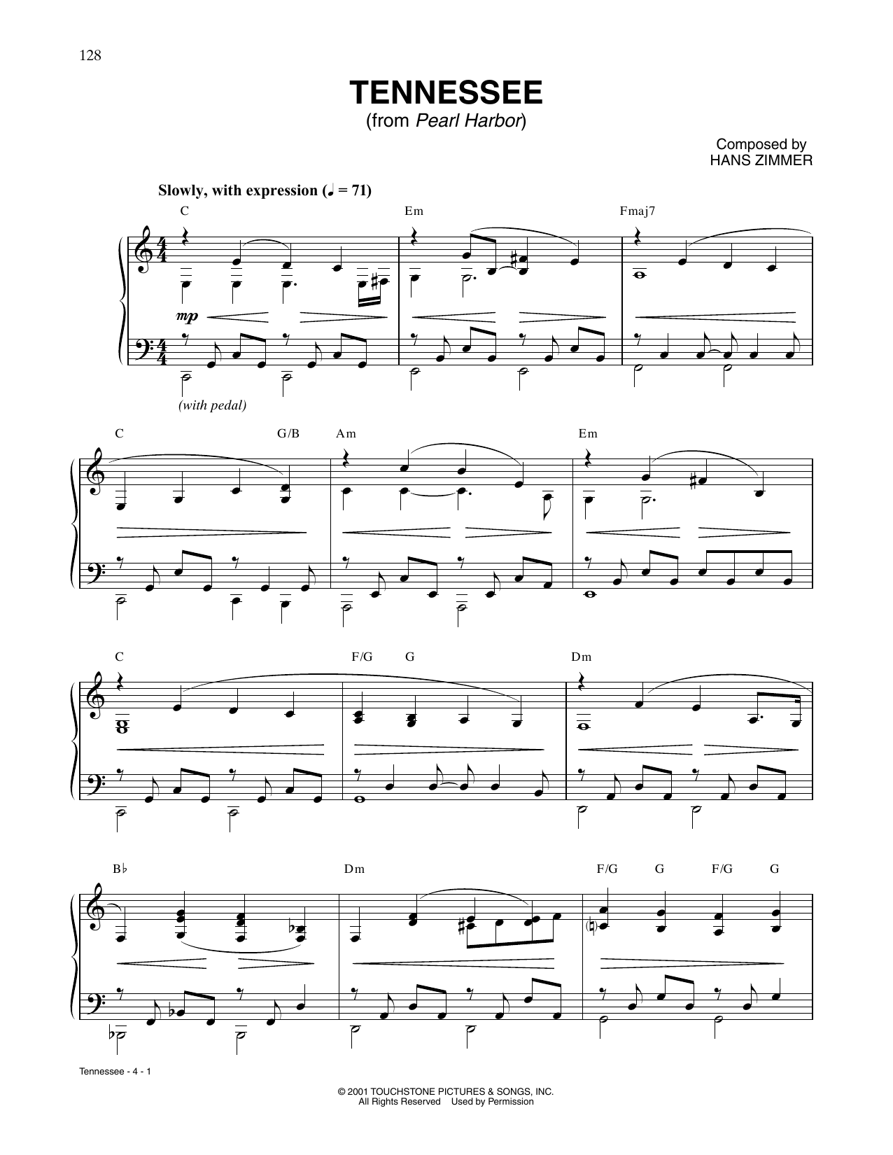 Hans Zimmer Tennessee (from Pearl Harbor) sheet music notes and chords. Download Printable PDF.