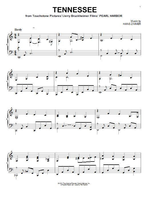 Hans Zimmer Tennessee (from Pearl Harbor) sheet music notes and chords. Download Printable PDF.