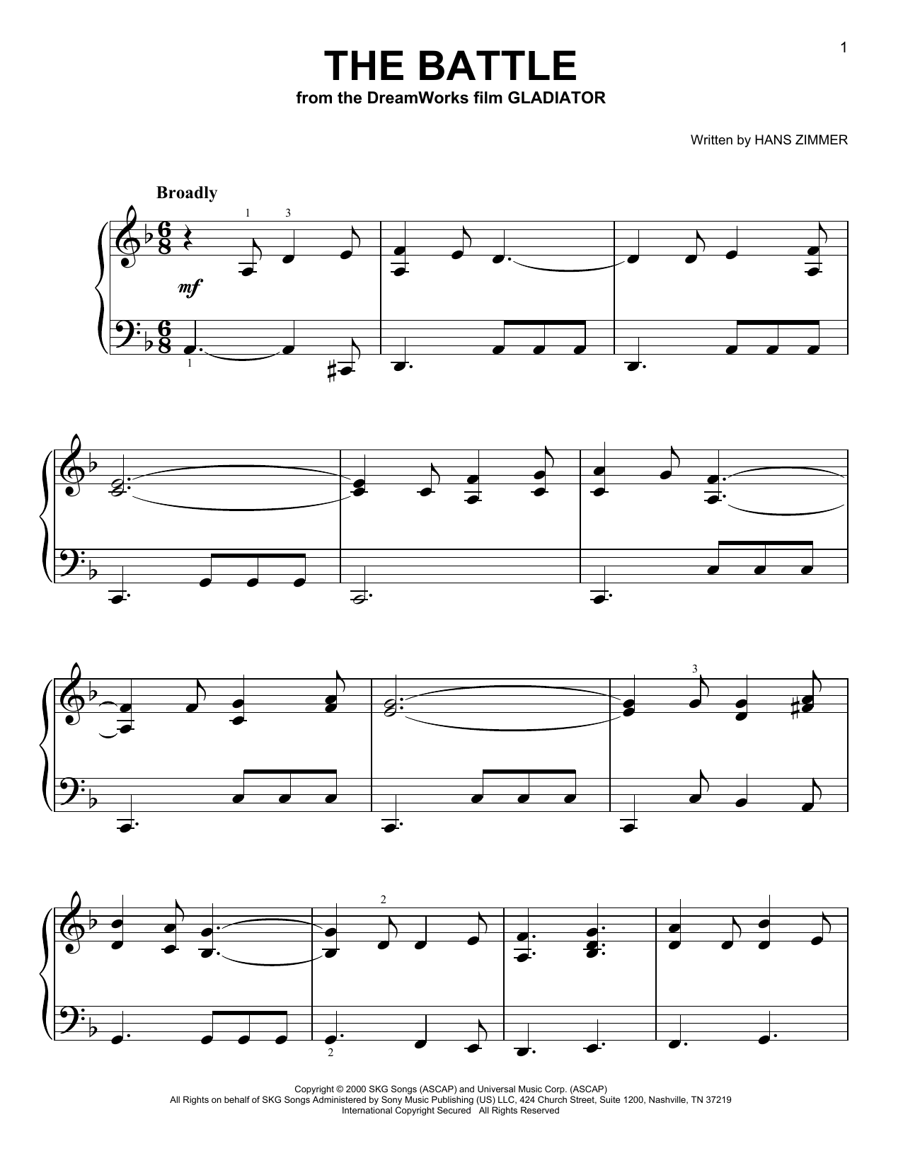 Hans Zimmer The Battle (from Gladiator) sheet music notes and chords. Download Printable PDF.