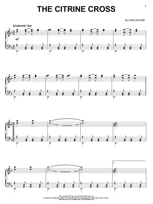 Hans Zimmer The Citrine Cross (from The Da Vinci Code) sheet music notes and chords arranged for Piano Solo