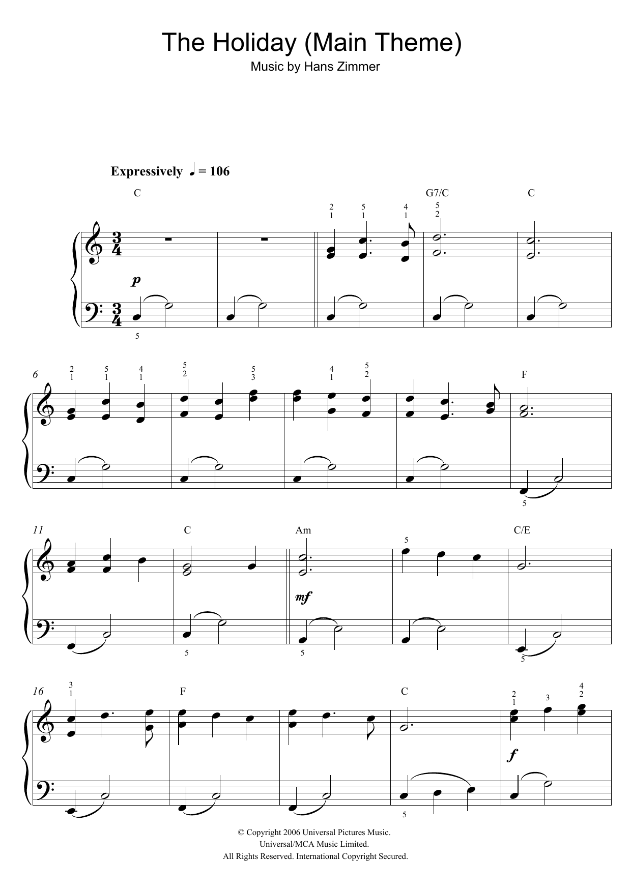 Hans Zimmer The Holiday (Main Theme) sheet music notes and chords. Download Printable PDF.