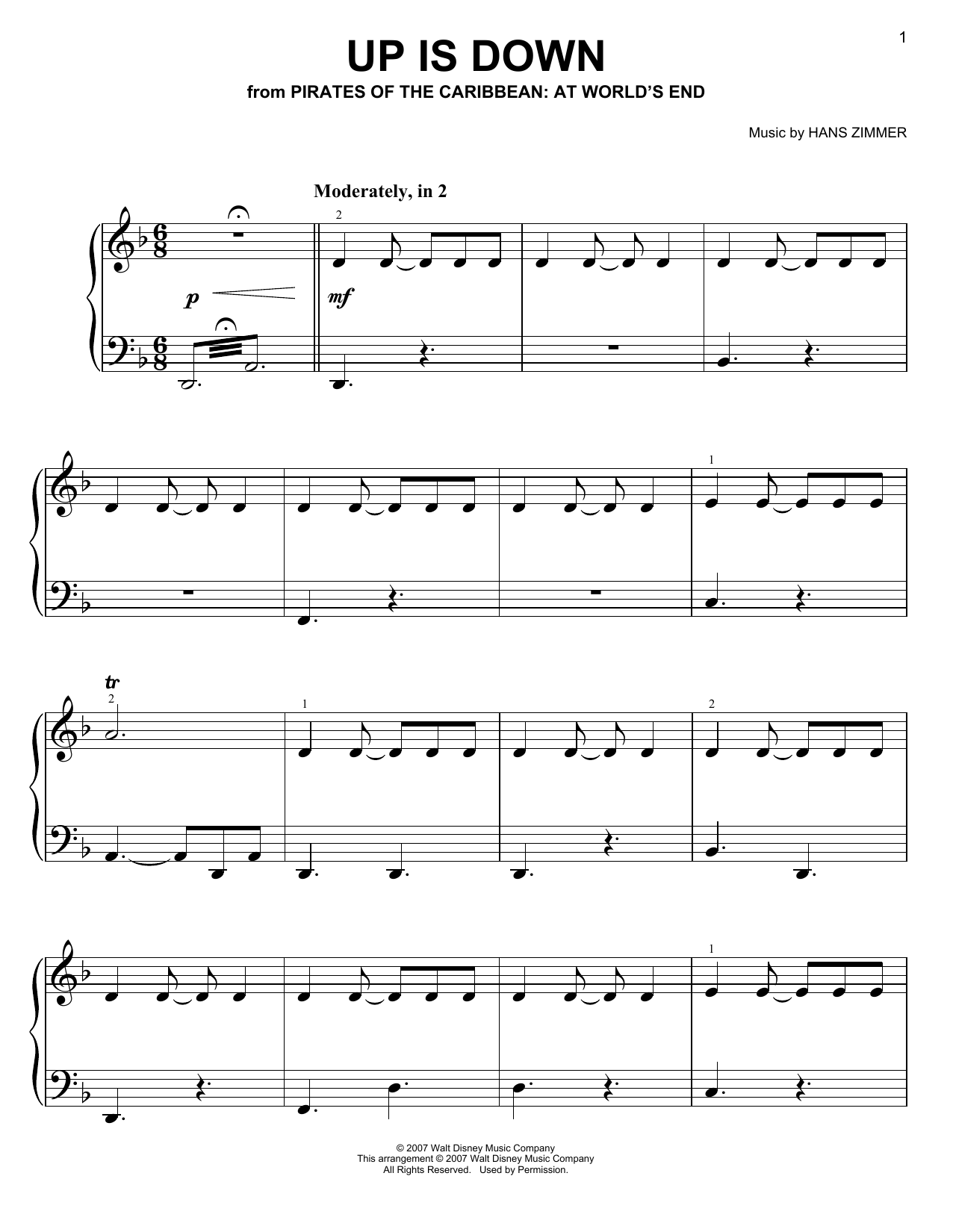 Hans Zimmer Up Is Down (from Pirates Of The Caribbean: At World's End) sheet music notes and chords. Download Printable PDF.