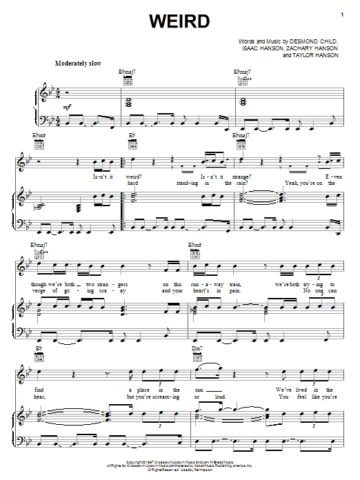 Learn to play Hanson Weird sheet music for Piano, Vocal & Guitar Chords (Right-Hand Melody) in minutes. Price: 7.8900$ Hanson Weird sheet music notes and chords arranged for Piano, Vocal & Guitar Chords (Right-Hand Melody)