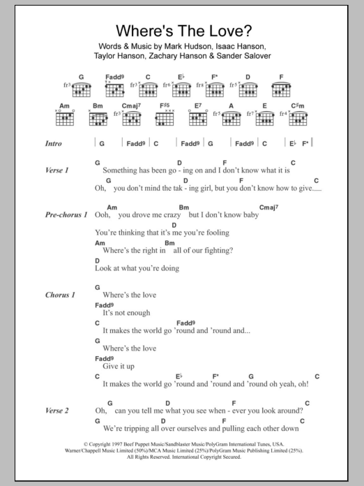 Learn to play Hanson Where's The Love sheet music for Guitar Chords/Lyrics in minutes. Price: 4.4900$ Hanson Where's The Love sheet music notes and chords arranged for Guitar Chords/Lyrics