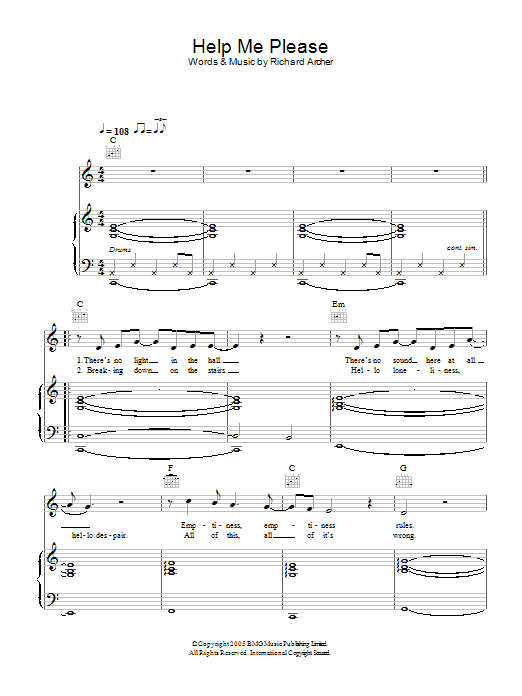 Learn to play Hard-Fi Help Me Please sheet music for Piano, Vocal & Guitar Chords in minutes. Price: 7.8900$ Hard-Fi Help Me Please sheet music notes and chords arranged for Piano, Vocal & Guitar Chords