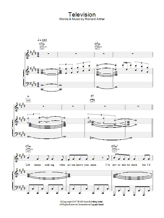 Hard-Fi Television sheet music notes and chords arranged for Piano, Vocal & Guitar Chords