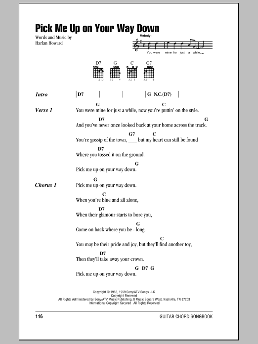 Harlan Howard Pick Me Up On Your Way Down sheet music notes and chords. Download Printable PDF.