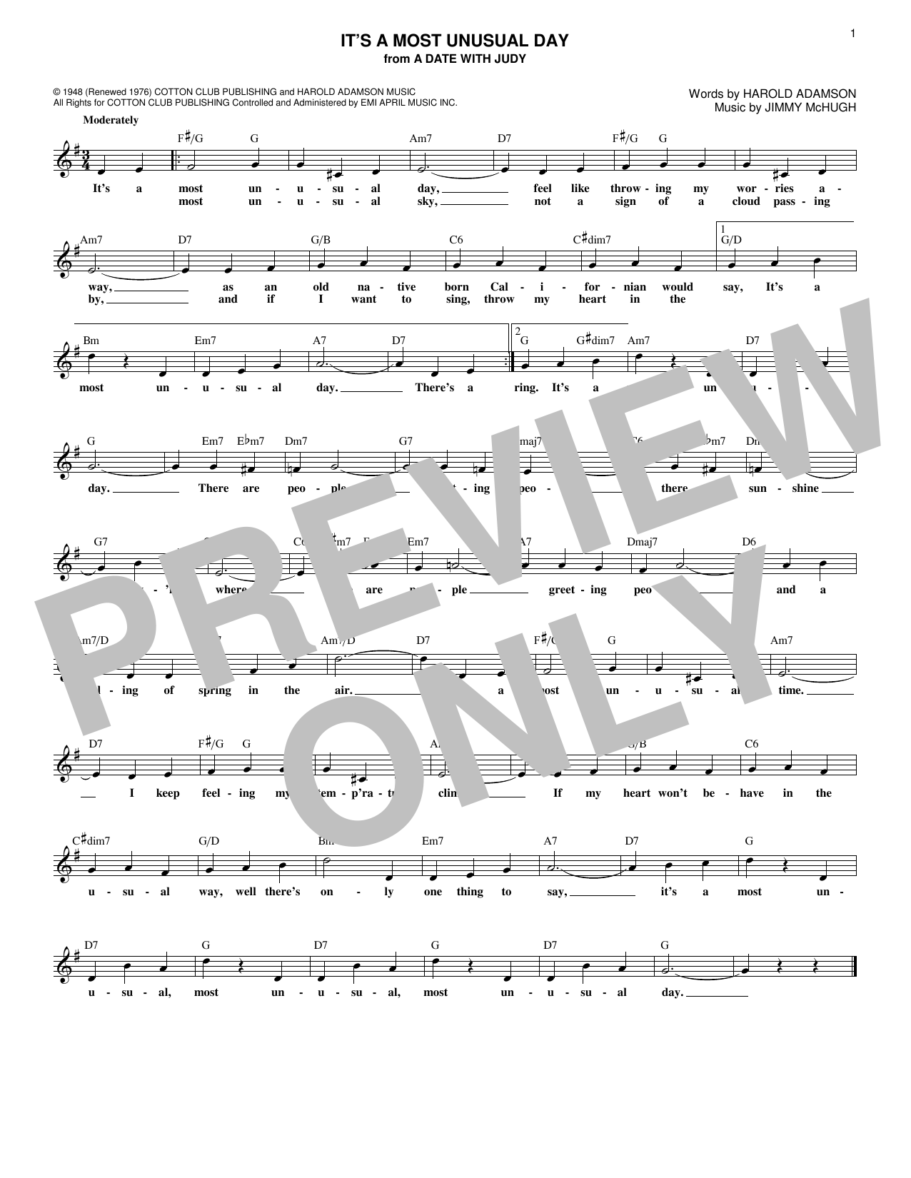 Learn to play Harold Adamson and Jimmy McHugh It's A Most Unusual Day (from A Date With Judy) sheet music for Lead Sheet / Fake Book in minutes. Price: 5.9900$ Harold Adamson and Jimmy McHugh It's A Most Unusual Day (from A Date With Judy) sheet music notes and chords arranged for Lead Sheet / Fake Book