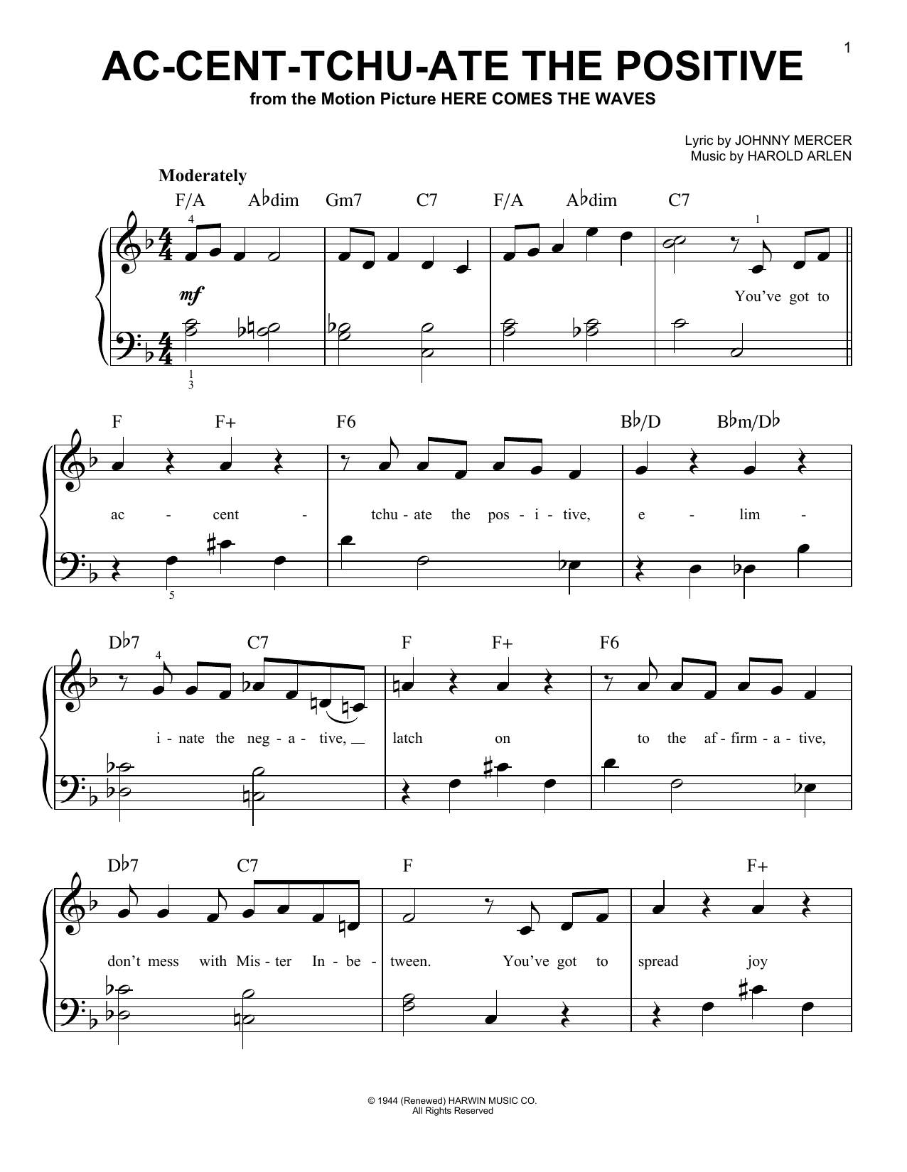 Harold Arlen Ac-cent-tchu-ate The Positive sheet music notes and chords. Download Printable PDF.