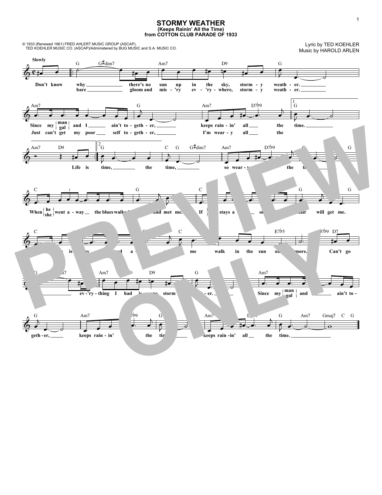 Learn to play Harold Arlen and Ted Koehler Stormy Weather (Keeps Rainin' All The Time) sheet music for Lead Sheet / Fake Book in minutes. Price: 5.9900$ Harold Arlen and Ted Koehler Stormy Weather (Keeps Rainin' All The Time) sheet music notes and chords arranged for Lead Sheet / Fake Book