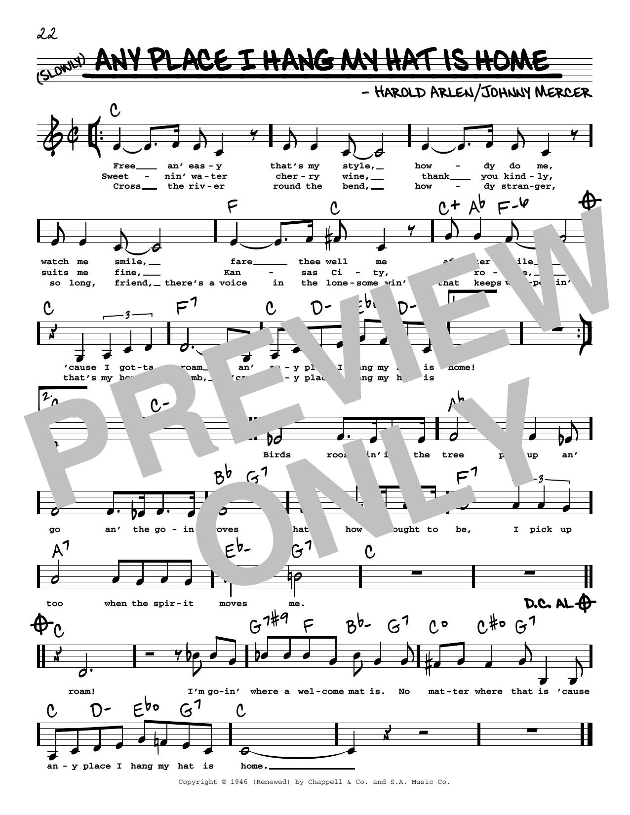 Learn to play Harold Arlen Any Place I Hang My Hat Is Home (Low Voice) sheet music for Real Book – Melody, Lyrics & Chords in minutes. Price: 5.9900$ Harold Arlen Any Place I Hang My Hat Is Home (Low Voice) sheet music notes and chords arranged for Real Book – Melody, Lyrics & Chords