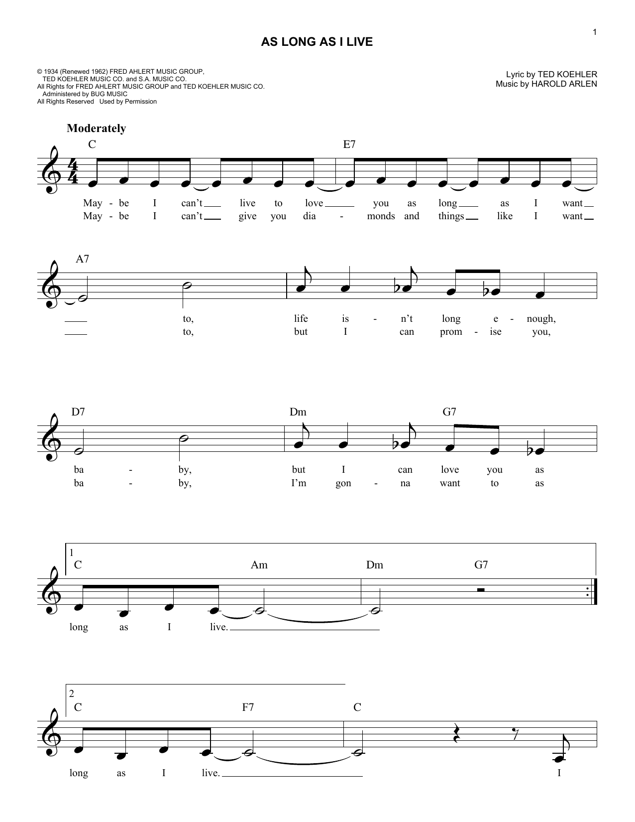 Learn to play Harold Arlen As Long As I Live sheet music for Easy Lead Sheet / Fake Book in minutes. Price: 5.9900$ Harold Arlen As Long As I Live sheet music notes and chords arranged for Easy Lead Sheet / Fake Book