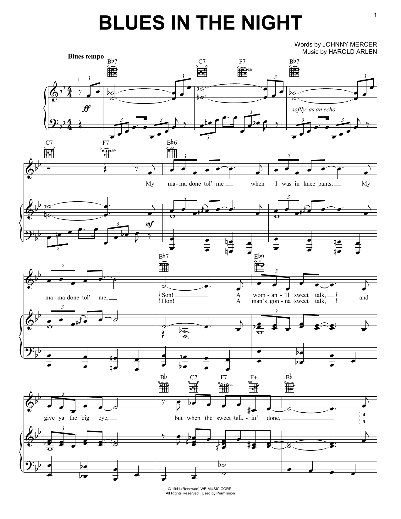 Ann Hampton Callaway Blues In The Night sheet music notes and chords. Download Printable PDF.