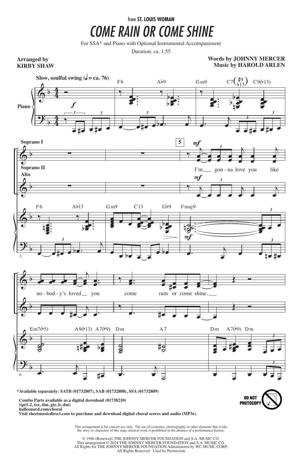 Learn to play Harold Arlen Come Rain Or Come Shine (arr. Kirby Shaw) sheet music for SAB Choir in minutes. Price: 3.9900$ Harold Arlen Come Rain Or Come Shine (arr. Kirby Shaw) sheet music notes and chords arranged for SAB Choir