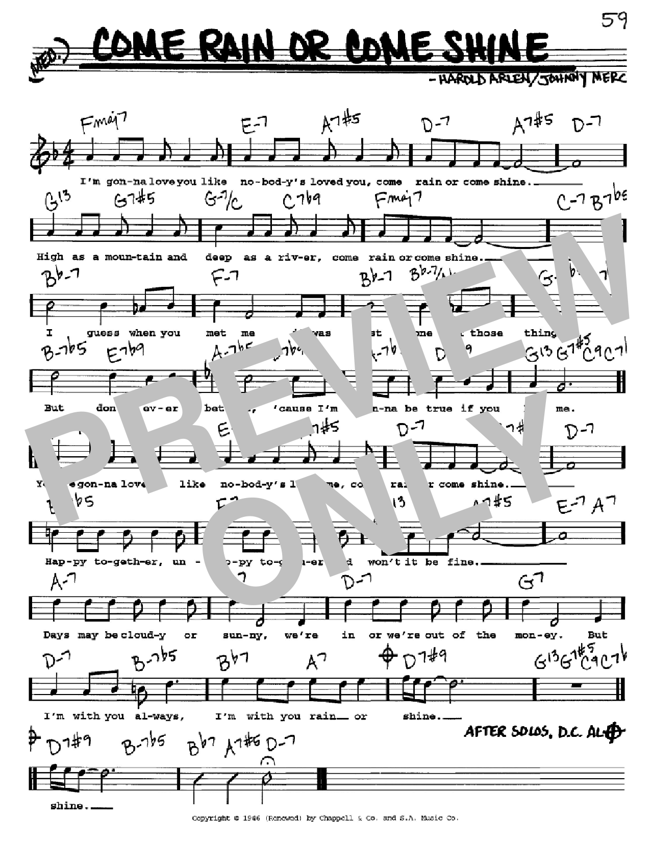 Harold Arlen Come Rain Or Come Shine sheet music notes and chords. Download Printable PDF.