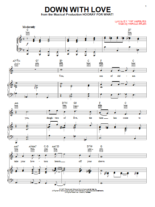 Learn to play Harold Arlen Down With Love sheet music for Real Book – Melody & Chords in minutes. Price: 5.9900$ Harold Arlen Down With Love sheet music notes and chords arranged for Real Book – Melody & Chords