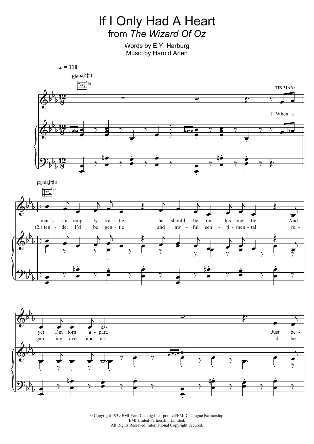 Harold Arlen If I Only Had A Heart (from 'The Wizard Of Oz') sheet music notes and chords. Download Printable PDF.