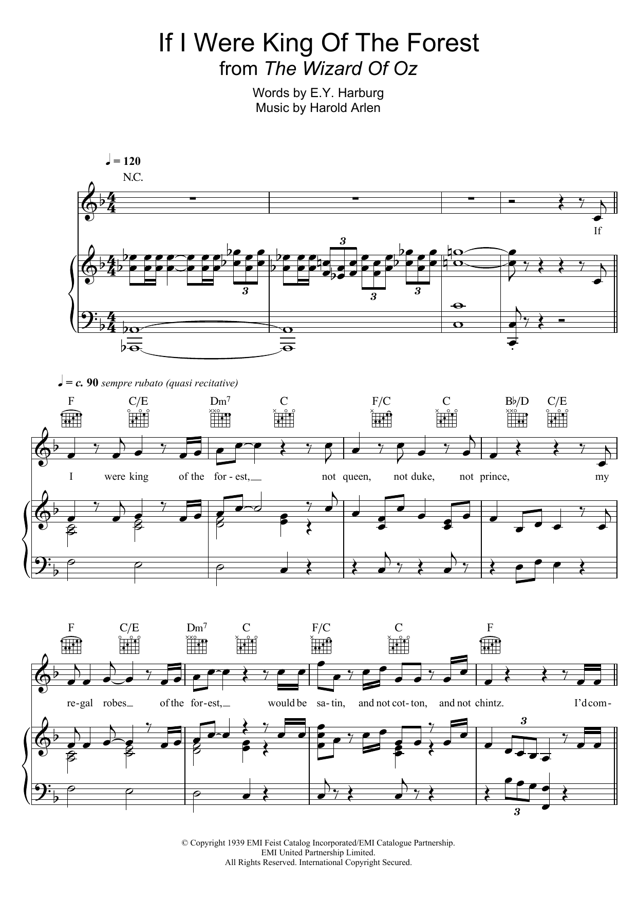 Harold Arlen If I Were The King Of The Forest (from 'The Wizard Of Oz') sheet music notes and chords. Download Printable PDF.