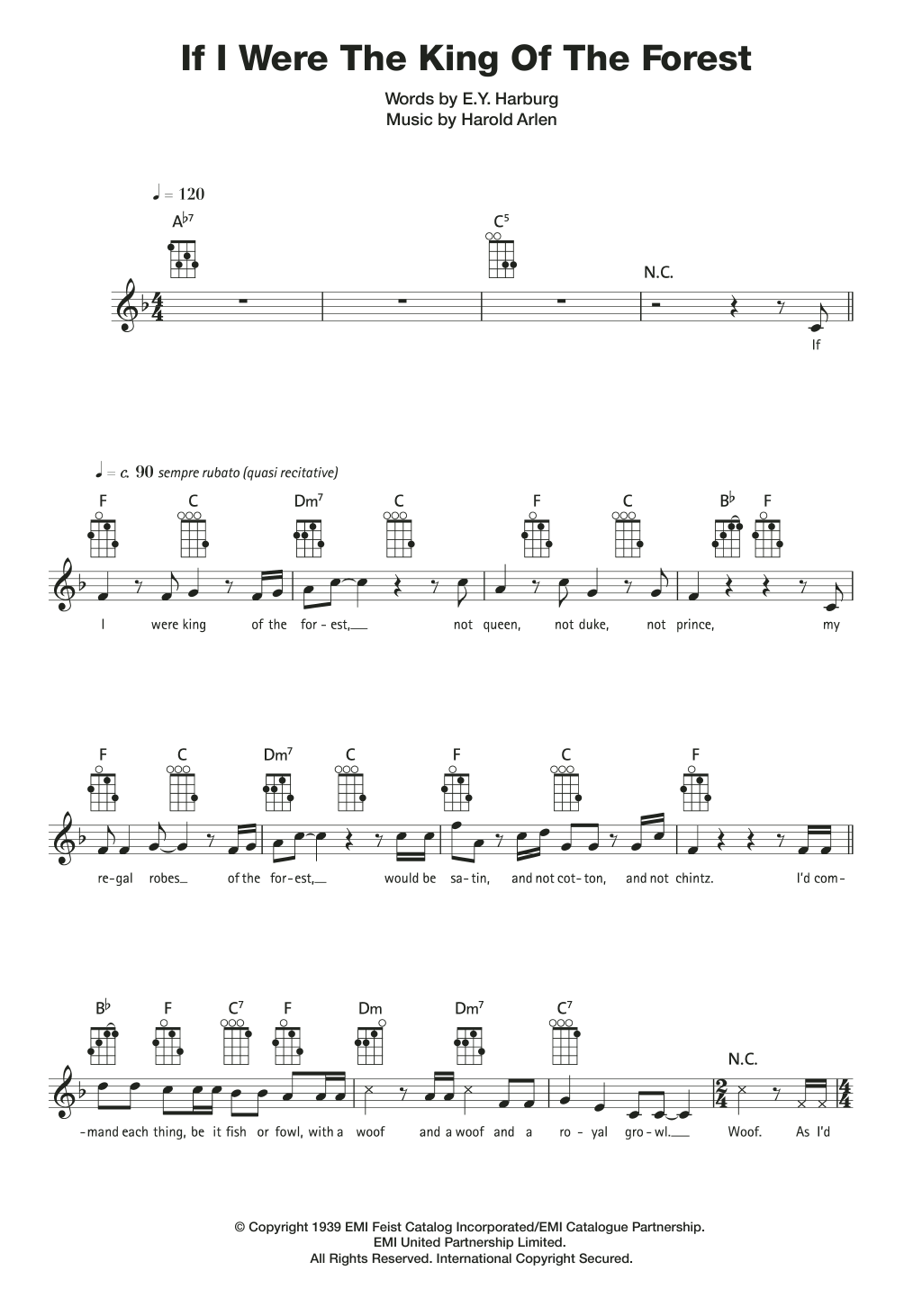 Harold Arlen If I Were The King Of The Forest sheet music notes and chords arranged for Ukulele