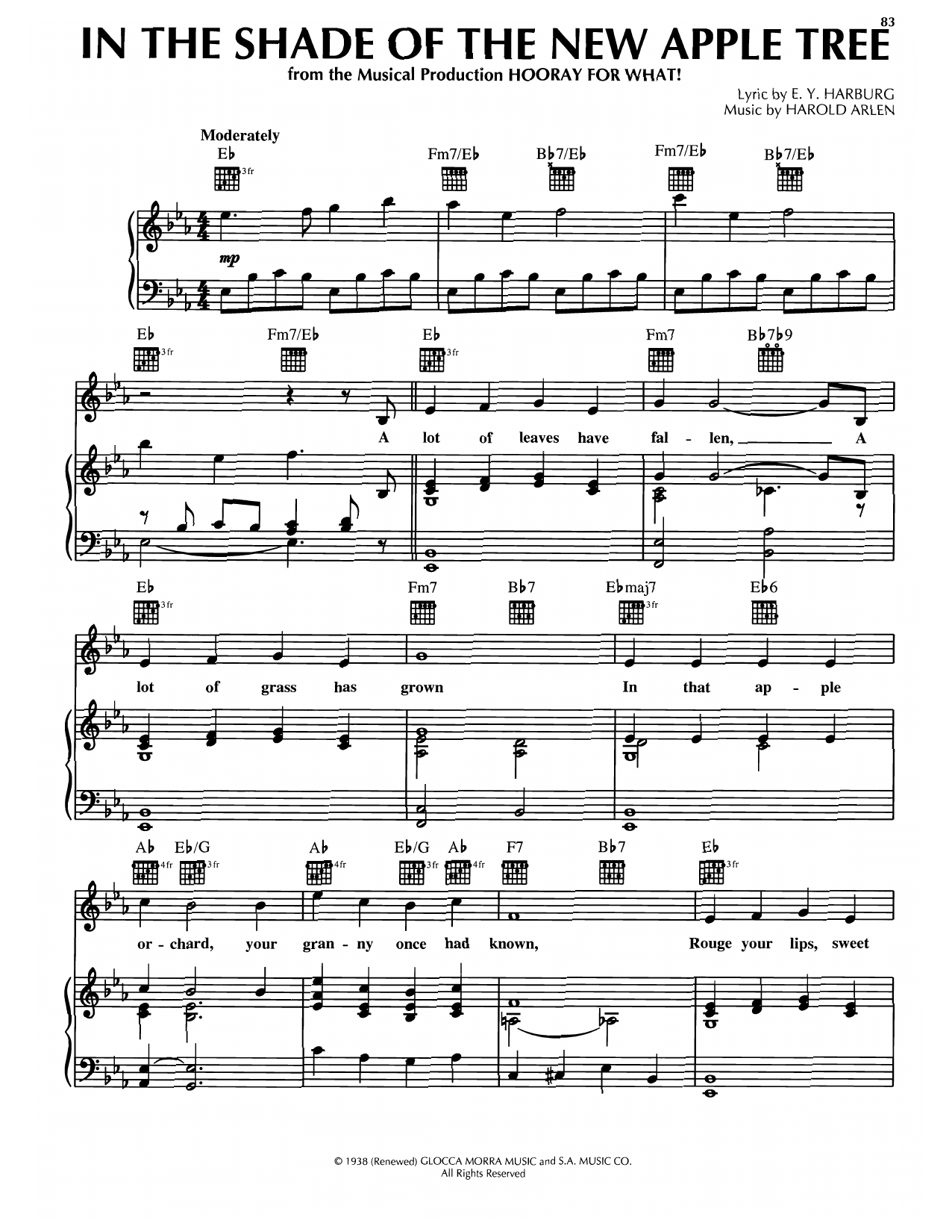 Learn to play Harold Arlen In The Shade Of The New Apple Tree sheet music for Piano, Vocal & Guitar Chords (Right-Hand Melody) in minutes. Price: 7.8900$ Harold Arlen In The Shade Of The New Apple Tree sheet music notes and chords arranged for Piano, Vocal & Guitar Chords (Right-Hand Melody)