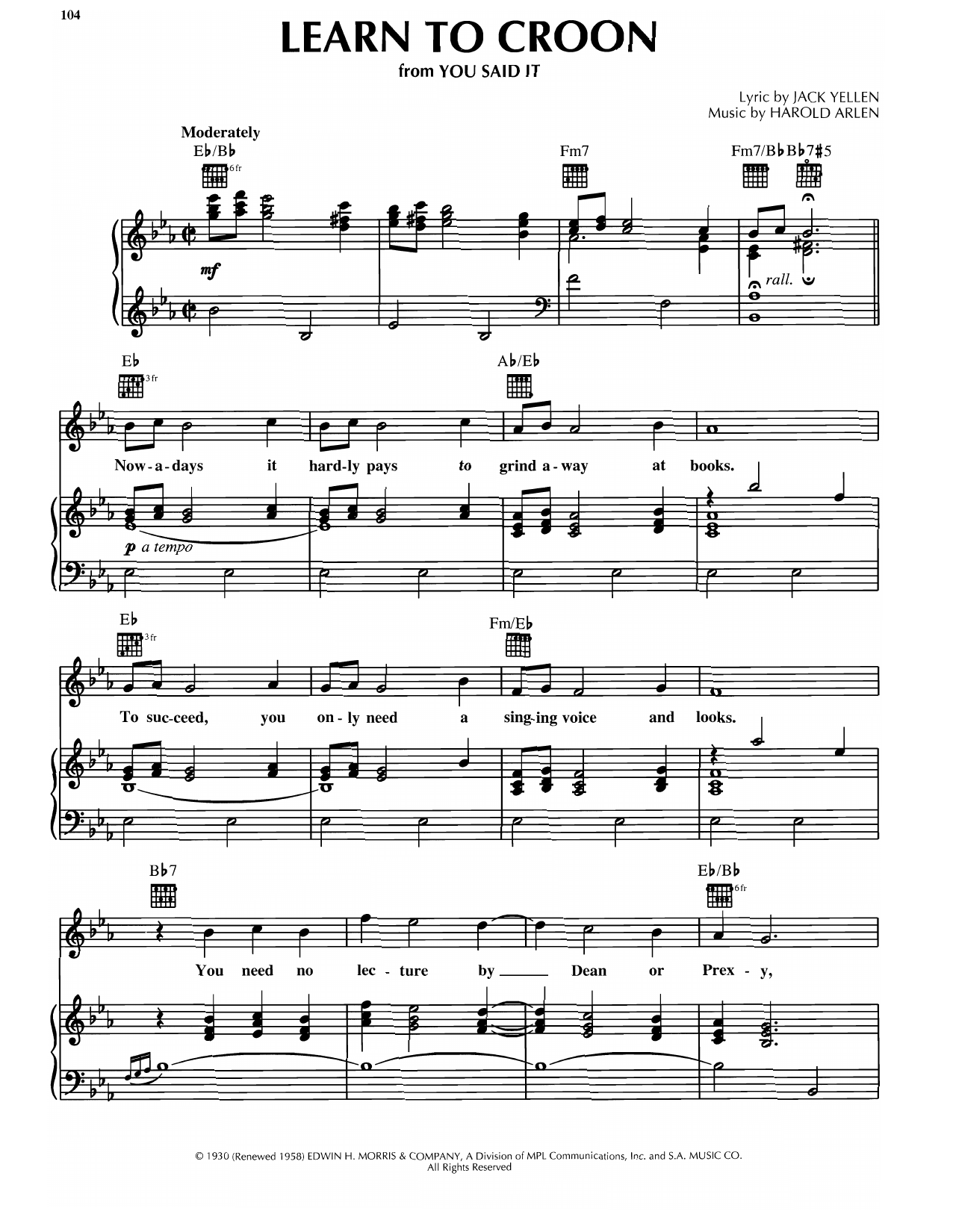 Learn to play Harold Arlen Learn To Croon sheet music for Piano, Vocal & Guitar Chords (Right-Hand Melody) in minutes. Price: 7.8900$ Harold Arlen Learn To Croon sheet music notes and chords arranged for Piano, Vocal & Guitar Chords (Right-Hand Melody)